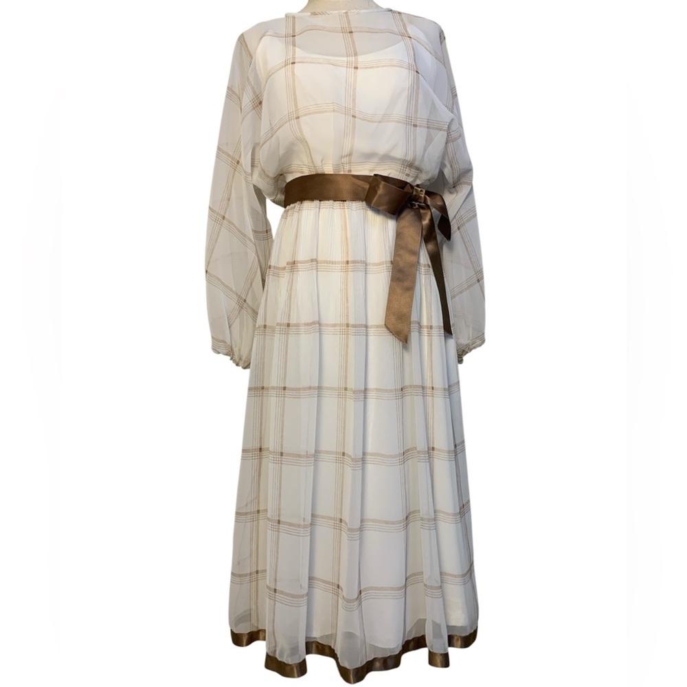Vintage Victor Costa‎ Maxi Dress Cream Brown Plaid Chiffon Belted Women’s Size M